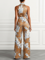 Women Brown Floral Halter Neck Sleeveless Romantic Jumpsuit