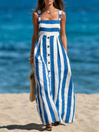Women's Bohemian-style Sleeveless Spaghetti-strap Single-breasted Vertical-stripe Linen Maxi Dress