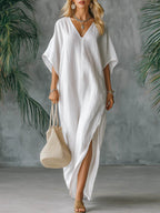 Women's Solid Color V-neck 3/4 Sleeve Casual Loose Cotton And Linen Dress