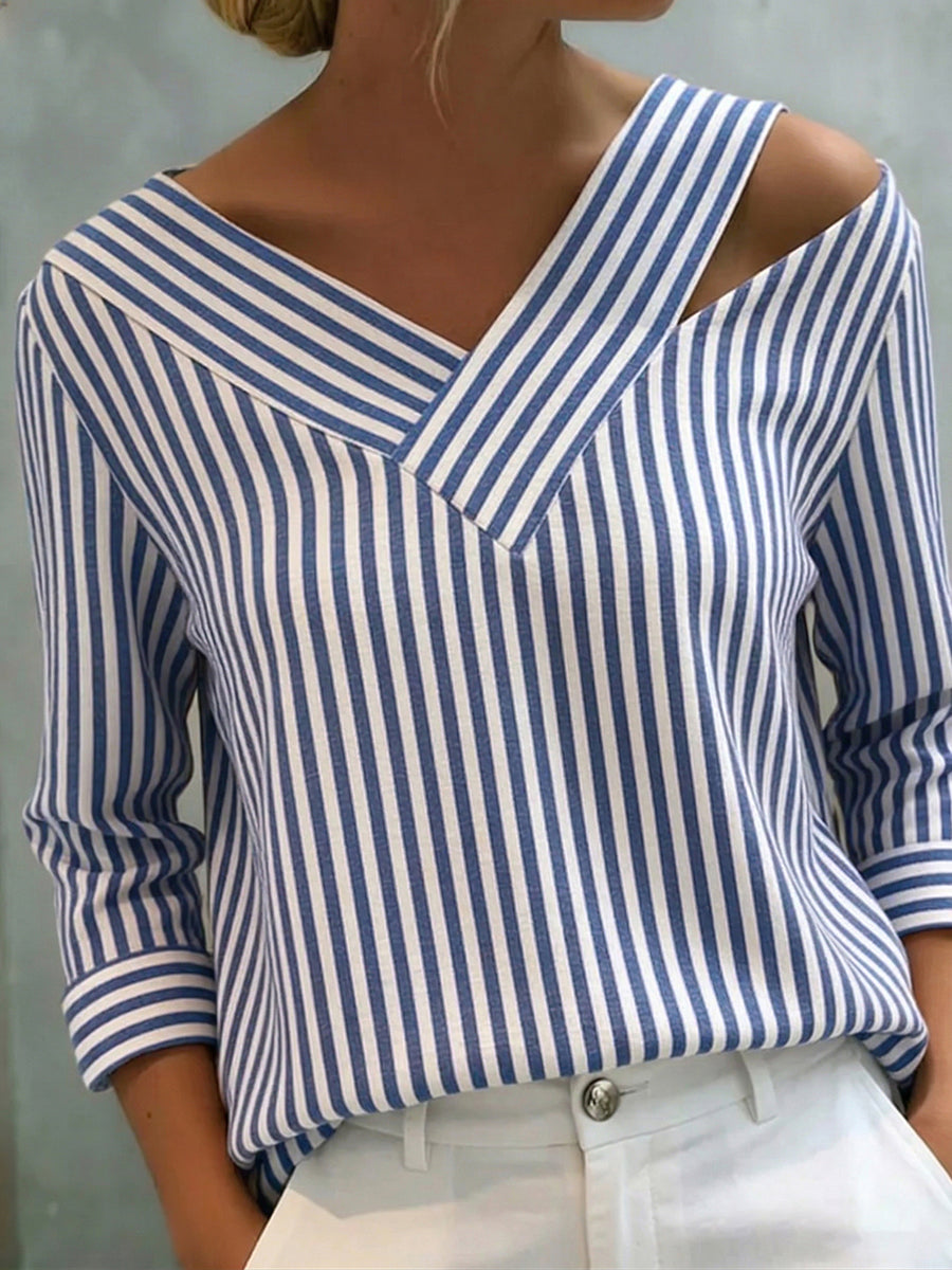 Stylish Off-shoulder Loose-fit Striped Cotton-linen Shirt