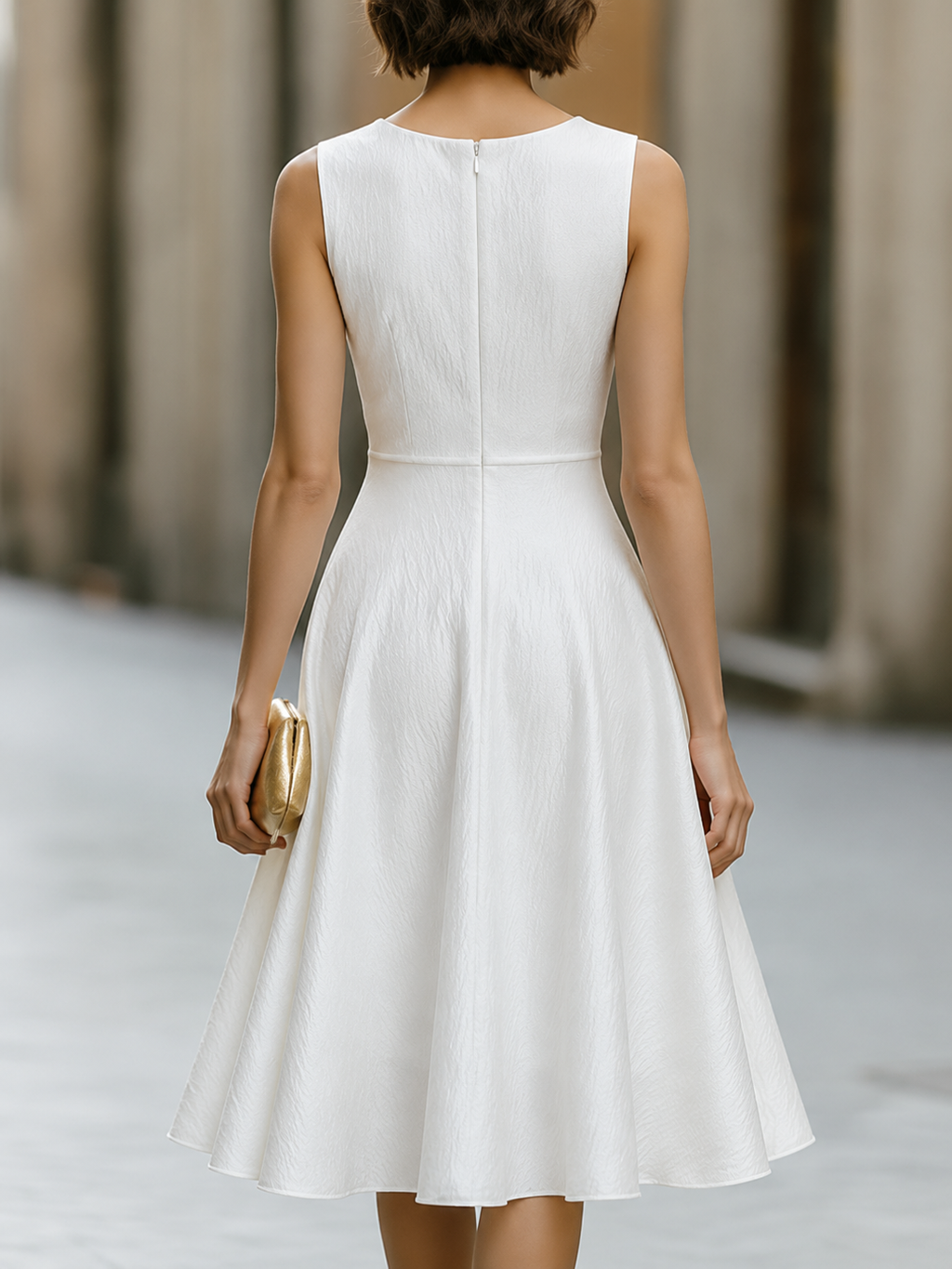 Minimalist Sleeveless Textured Finish Fit-and-Flare Midi Dress