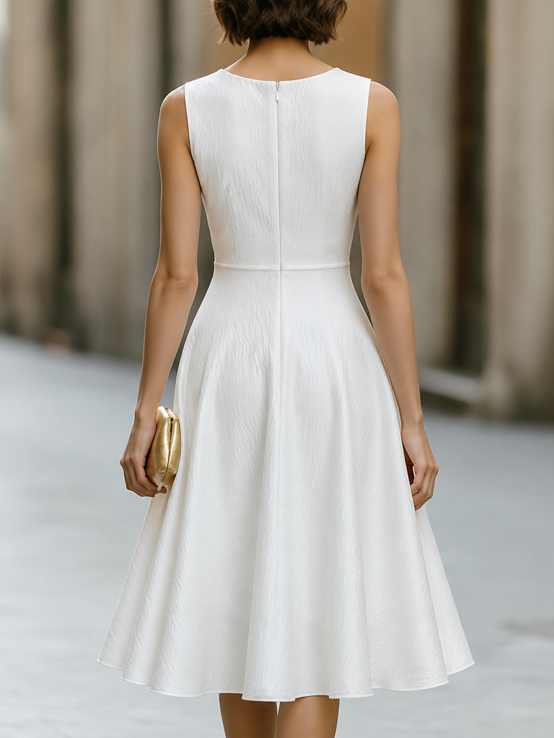 Minimalist Sleeveless Textured Finish Fit-and-Flare Midi Dress