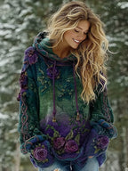 Women's Vintage Floral Gradient Celtic Art Knit Cozy Hooded Sweater