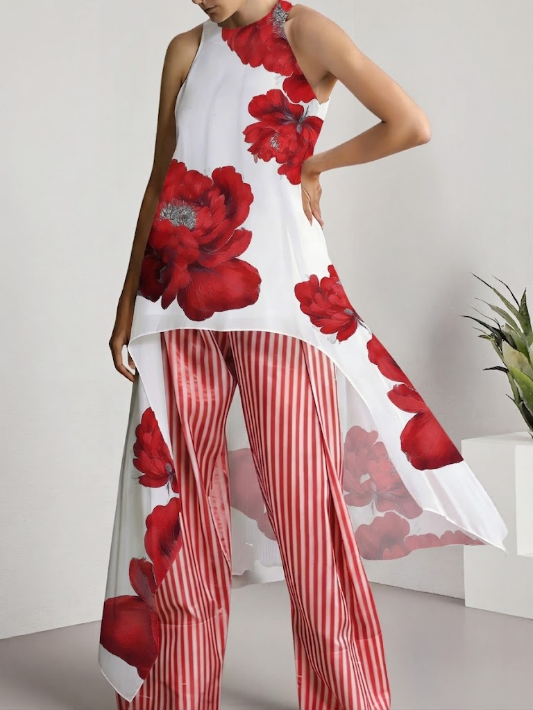 Cozy Floral-print Cotton-blend Long Top And Striped Pants Two-piece Set