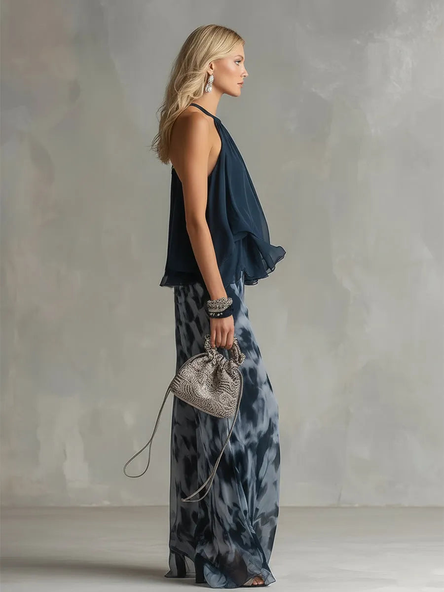 Elegant Urban Navy Blue Halter Neck Top And Printed Wide-leg Pants Chiffon Set