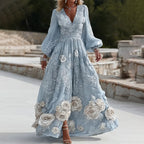 Women's Vintage Blue Floral Embroidery Long Sleeve Casual Maxi Dress