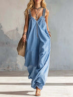 Women's Striped Art Casual Stylish Zip Comfortable Cotton Linen Jumpsuit
