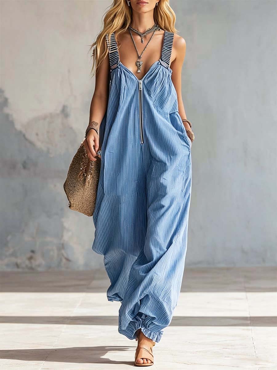 Women's Striped Art Casual Stylish Zip Comfortable Cotton Linen Jumpsuit