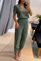 Casual V-Neck Printed Short Sleeve Long Pants Two-Piece Set