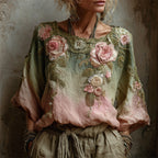 Vintage Pink Roses Forest Gradient Linen Tunic