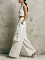 Linen-Blend Vest & Wide-Leg Cargo Pants Set | Tailored Two-Piece Outfit