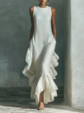 Elegant Ruffled Hem Cotton And Linen Maxi Dress