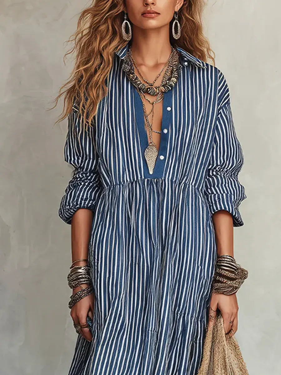 Women's Retro Striped Art Casual Vacation Lapel Cotton Linen Dress