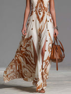 Vintage Bohemia Halter Neck Brown Western Print Off White Chiffon Split Maxi Dress