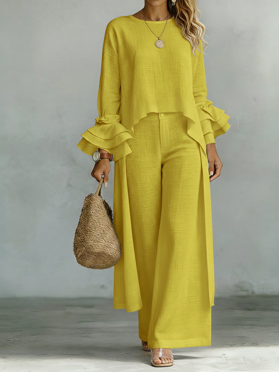 Casual Linen And Cotton Top And Pants Two-piece Set