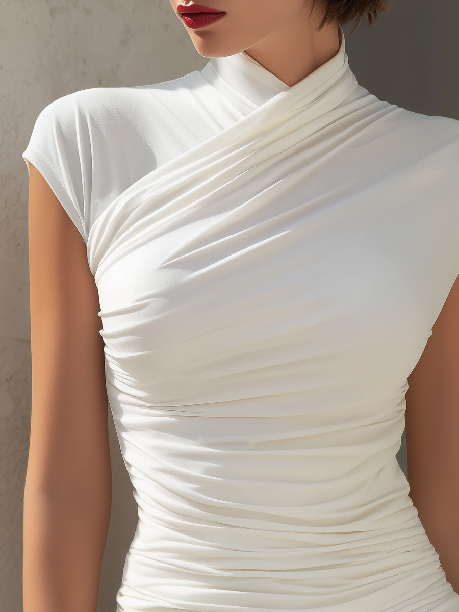 High-Neck Ruched Draped Fitted Top