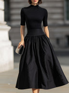 Black Mock Neck  Knit Contrast Waist Flared Midi Dress