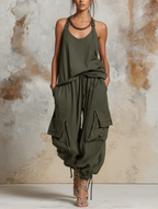 Relaxed Cargo Denim Set Drawstrings At The Cuffs