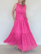 Elegant Polka Dot Print Belted Maxi Dress
