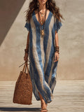 Loose-fit Casual Striped Linen And Cotton Dress With Lace Paneling