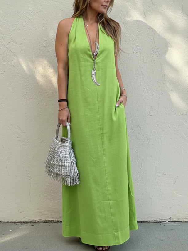 Stylish Elegant Minimalist Halter Neck Linen Maxi Dress