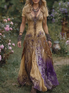 Vintage Gradient Purple Floral Embroidered Linen Maxi Dress