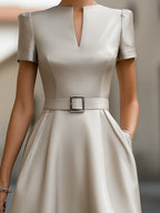 Elegant Neck Belted Satin Midi Dress
