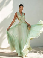Green Chiffon V Neck Sleeveless A-Line Floor-length Gown Dress