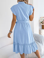 Women's Casual Stand-up Collar Ruffled Tie Waist Shirt Dress