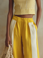 Yellow & White Striped Sleeveless Crop Top & Wide-Leg Pants Two-Piece Set