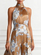 Women Brown Floral Halter Neck Sleeveless Romantic Jumpsuit