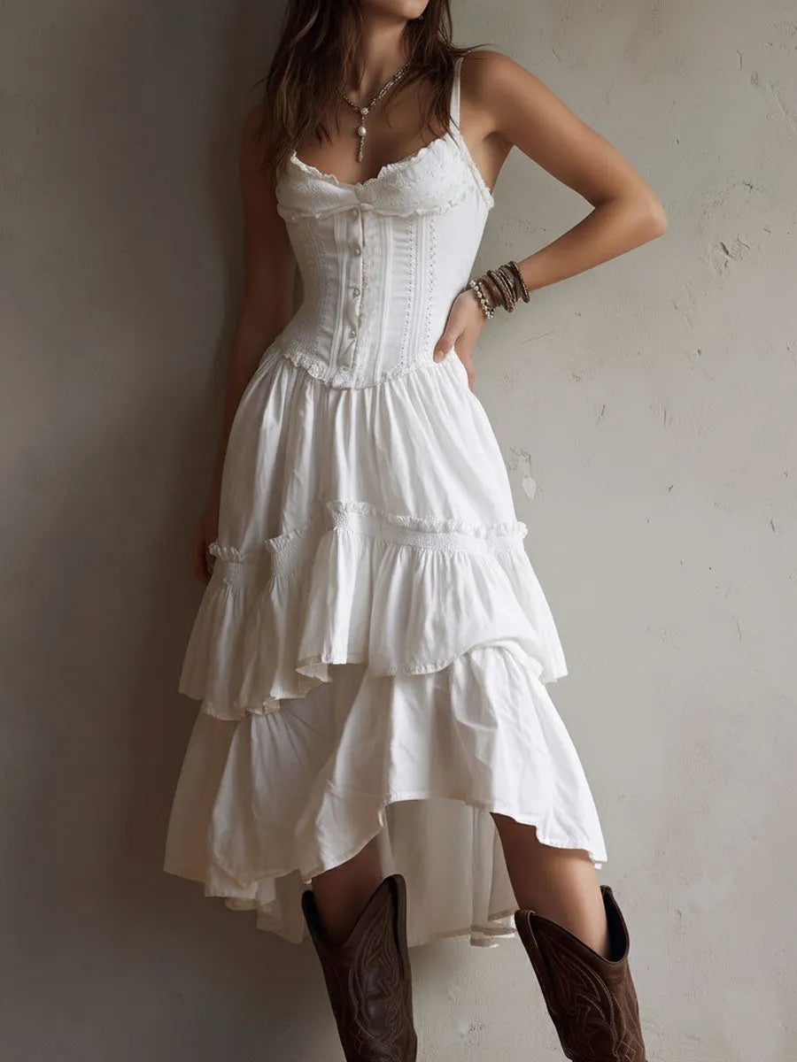 Retro Boho White Corset Tiered Midi Dress With Lace-Trim
