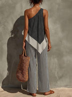Women's Casual Cotton-linen Set: Off-shoulder Sleeveless Loose-fit Polka-dot Top & High-waisted Striped Wide-leg Pants