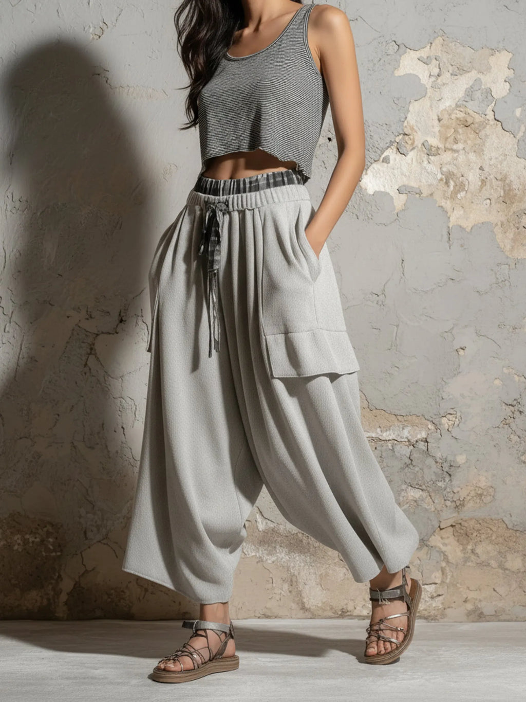 Gray Knit Cargo Balloon Pants