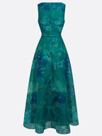 Green Floral Ruched Chiffon V Neck Sleeveless A-Line Maxi Dress
