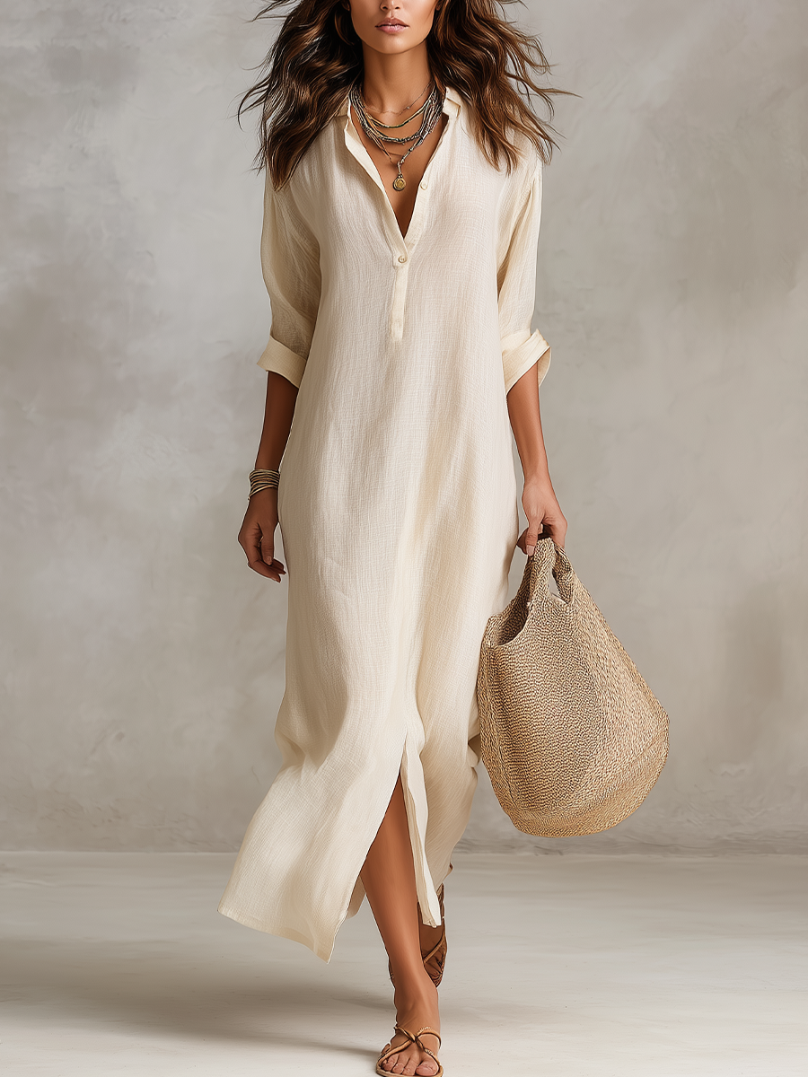 Relaxed Button-Front Linen Maxi Dress