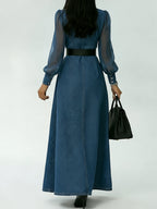 Women's Patchwork Organza Sleeve Maxi Split Denim Dress