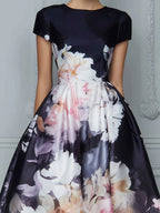 Floral Print Structured Cap Sleeve A-Line Midi Dress