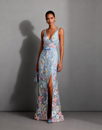 Light Blue Floral Ebroidered Classic V Neck Sleeveless A-Line Floor-length Gown Dress