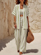 Casual & Relaxed Striped Linen-cotton Three-piece Set: Bandeau Top, Cardigan, And Pants