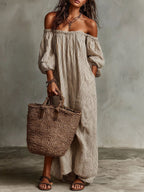 Women's Classic Striped Off-the-shoulder Cotton-linen Dress