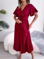 Women's Casual Cross V-neck Ruffled Pleated Dress