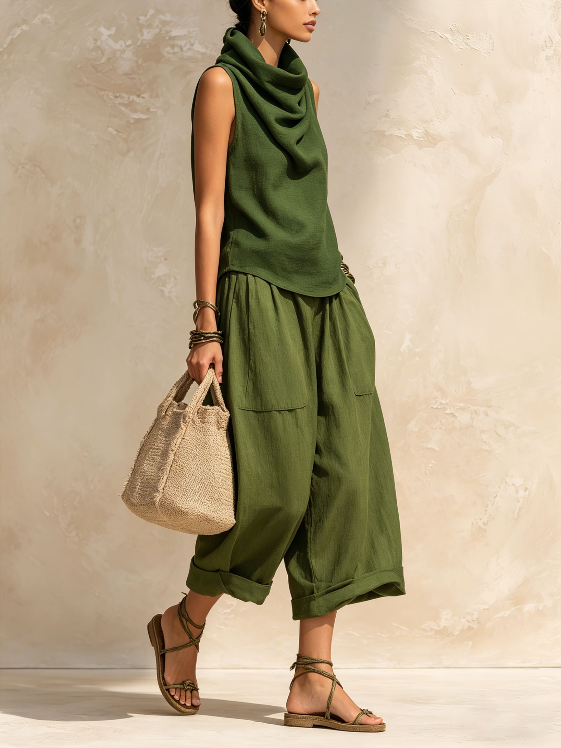 Olive Cowl Neck Sleeveless Linen-Blend Co-ord Set With Drop-Crotch Pants