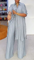Grey Striped Linen‐Look 2‐Piece Set