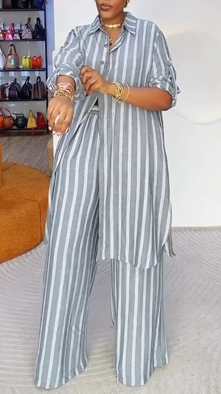 Grey Striped Linen‐Look 2‐Piece Set