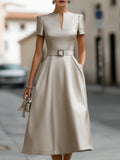Elegant Neck Belted Satin Midi Dress
