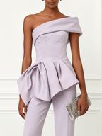 Women Light Purple Peplum One Shoulder Sleeveless Elegant Top With Pants Two-Piece Set