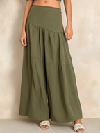 Olive Green Linen-Blend Two-Piece Set - Puff Sleeve Crop Top & Tiered Wide Leg Pants