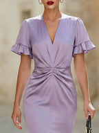 Elegant Satin V-Neck Twist Waist Ruffle Sleeve Bodycon Midi Dress