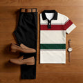 Men's Casual Black & Beige Color Matching Retro Printed Short Sleeved Polo Shirt & Trousers Two-Piece Set